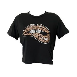 Zutter Black Crop Top with Leopard Lips Size S